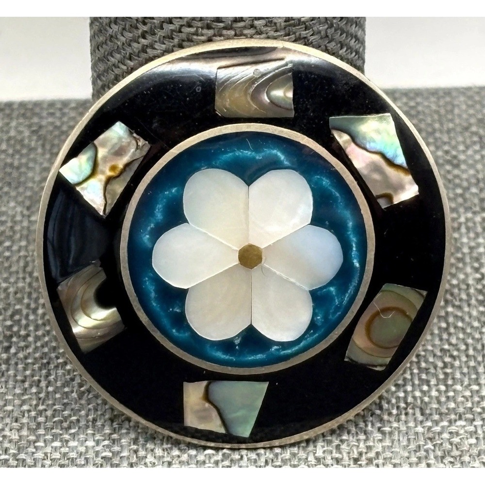 Vintage Mexico Alpaca Silver Mother of Pearl Abalone Flower Brooch Pin Boho